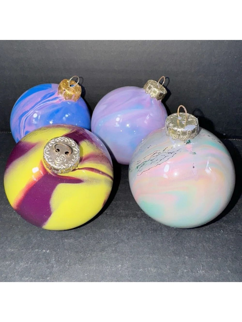 4 Vintage Glass Christmas Ornaments Hand Painted Swirl Marble Pattern 2.5” Retro